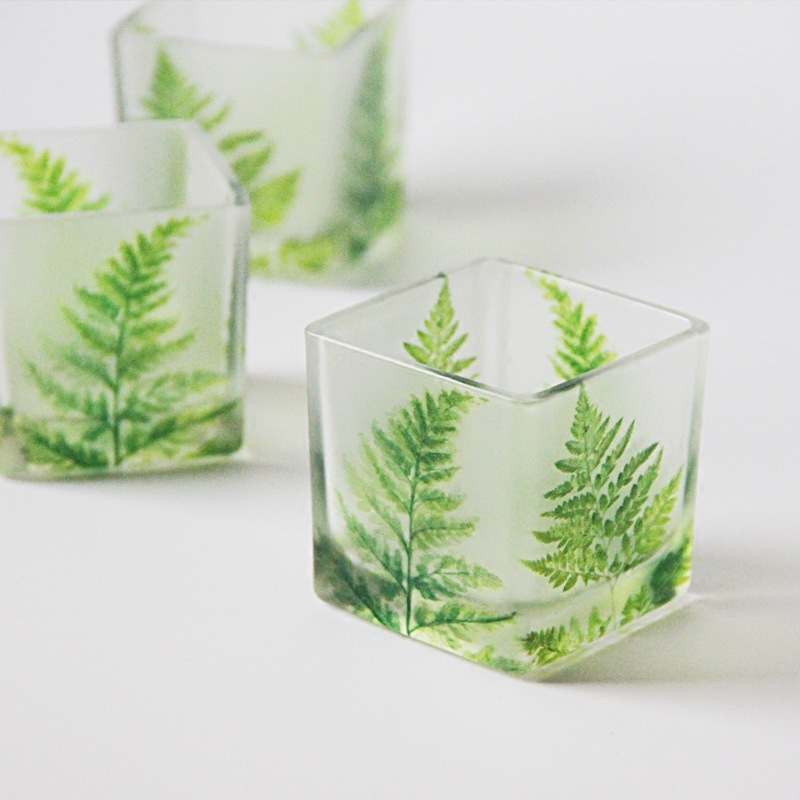 Candle Making Glass Jars - 北欧スタイルのキャンドルジャー DIY キャンドル作り用容器 グリーンリーフカップ スクエアガラスキャンドルスティック ロマンチックな装飾ホルダー