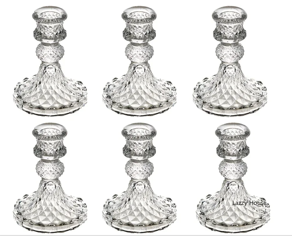 Candle Making Glass - テーブル用クリスタルキャンドルホルダー、ディナーパーティー、結婚式の装飾、ガラスのテーパー、燭台セット、バルク、6個