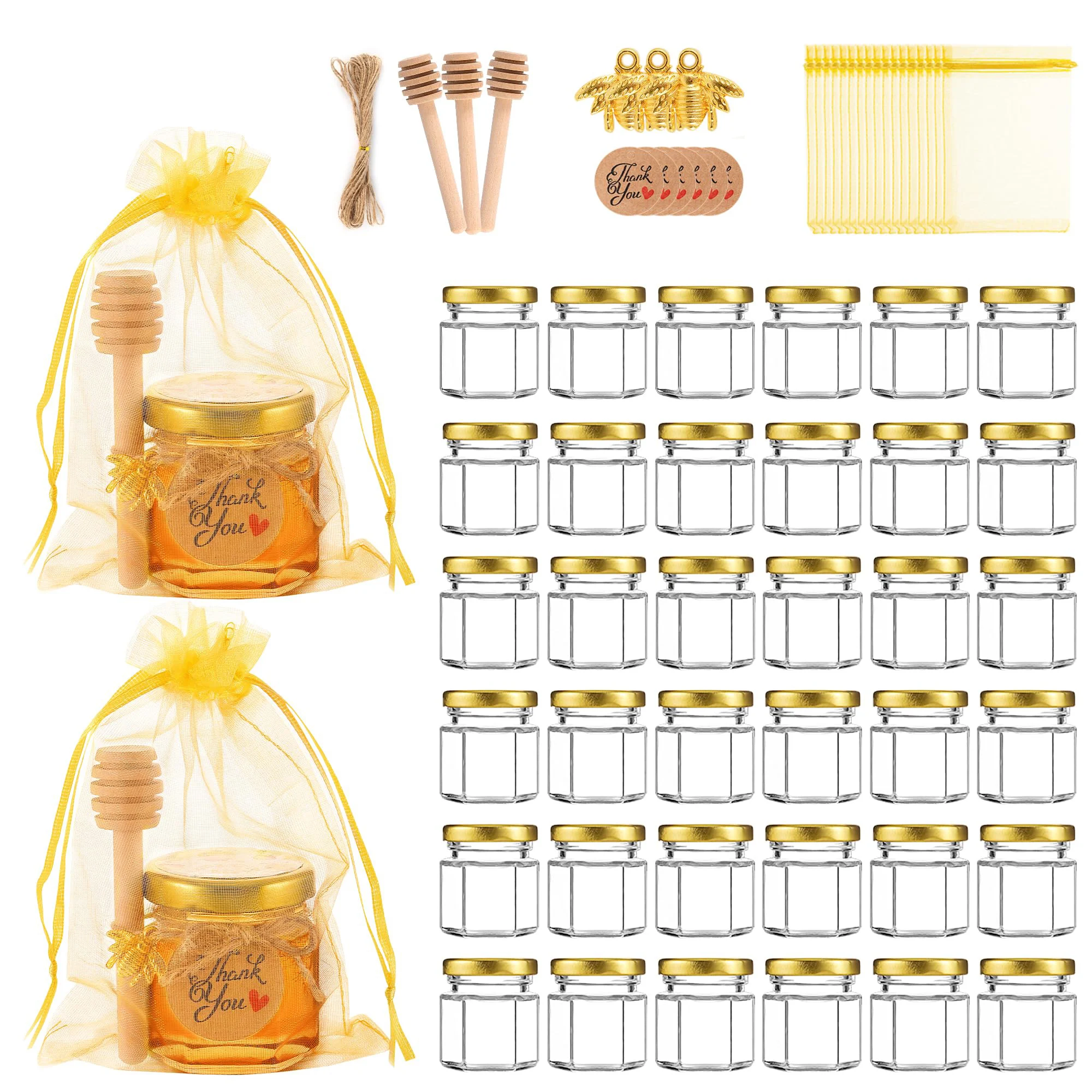 Candle Making Glass Jars - 1.5オンスの六角形ミニガラス製ハニーポット、木製ディッパー、蜂のペンダント、蓋付き、ベビーシャワー、結婚式、キャンドル作り、パーティーの記念品に最適