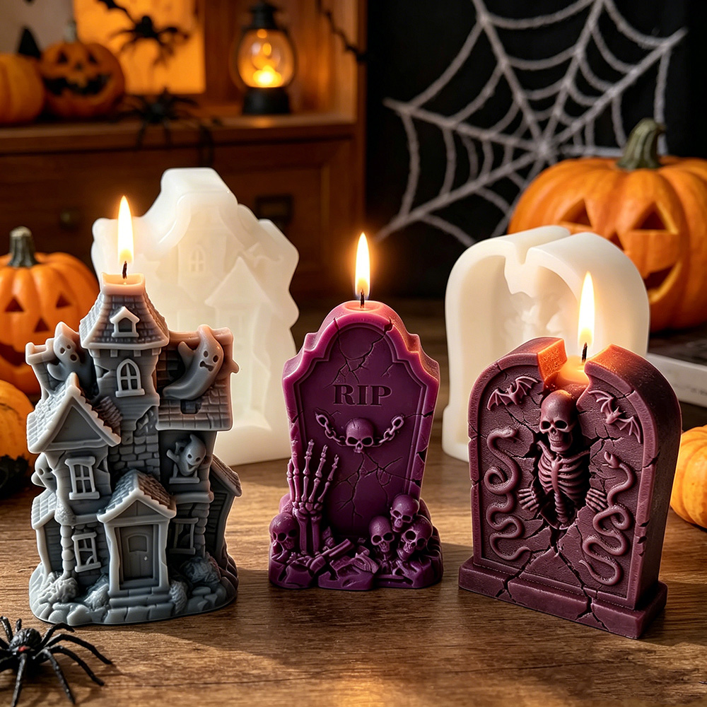 Candle Making Essentials - ハロウィン墓石シリコンモールドお化け屋敷スケルトンキャンドルモールドDIY香り付きキャンドル石膏樹脂キャンドル作り