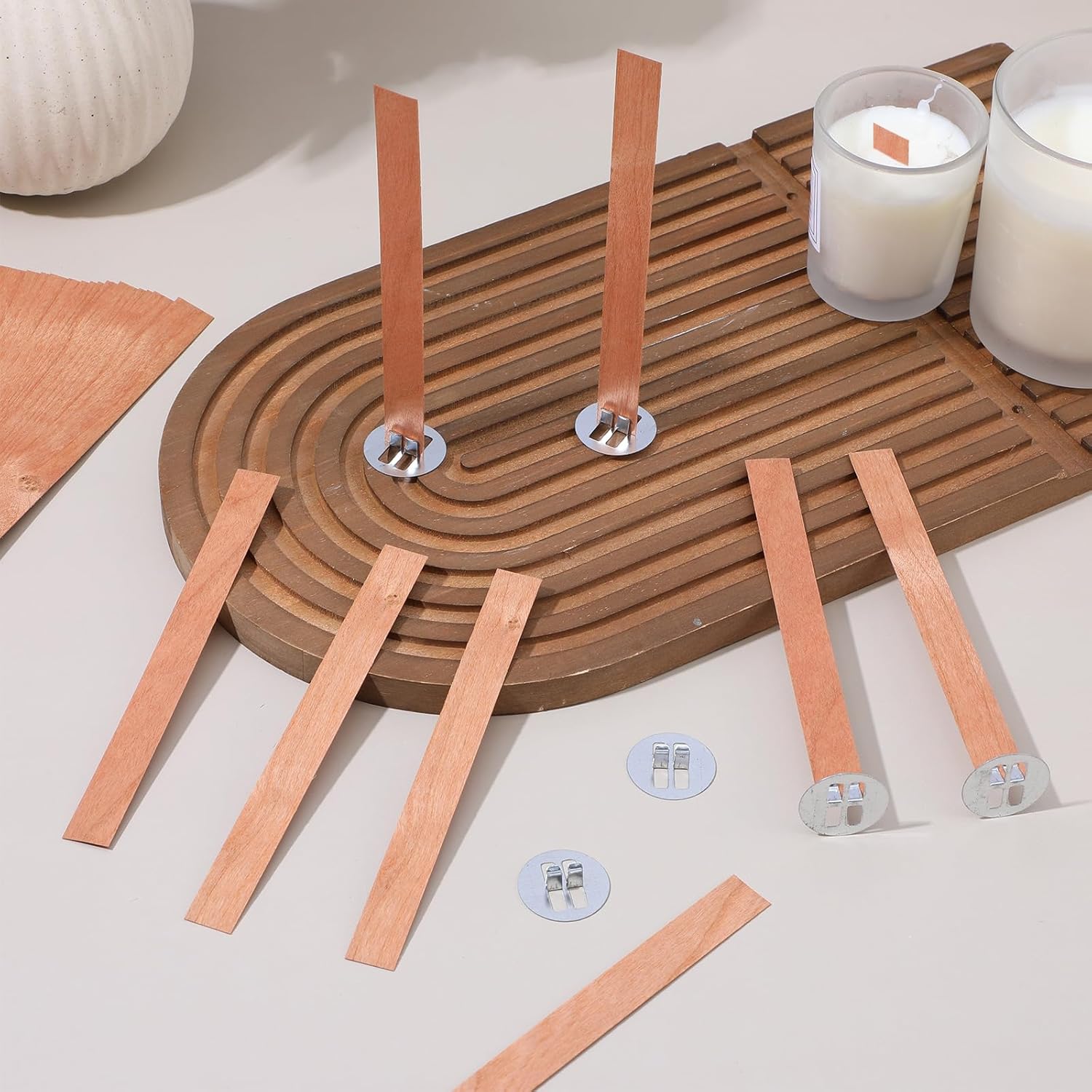 Candle Making Wicks - 60個入り木製キャンドル芯 無煙木製芯 金属ベース付き キャンドルソイワックスDIYキャンドル作り用