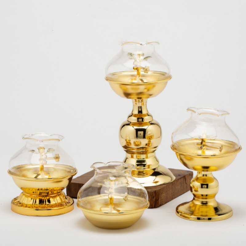 Candle Making Glass - ガラス防風カバー付き仏陀用ゴールデンオイルランプ、金属仏教ランタンバーナー、宗教燭台アイテム