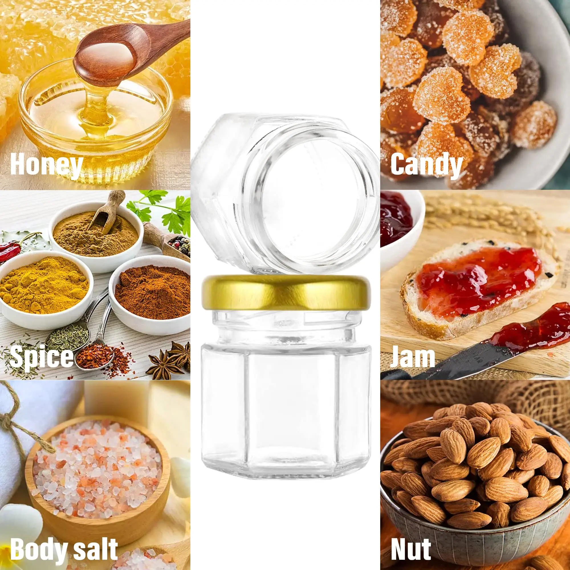 1.5オンスの六角形ミニガラス製ハニーポット、木製ディッパー - Candle Making Glass Jars のレビューと価格