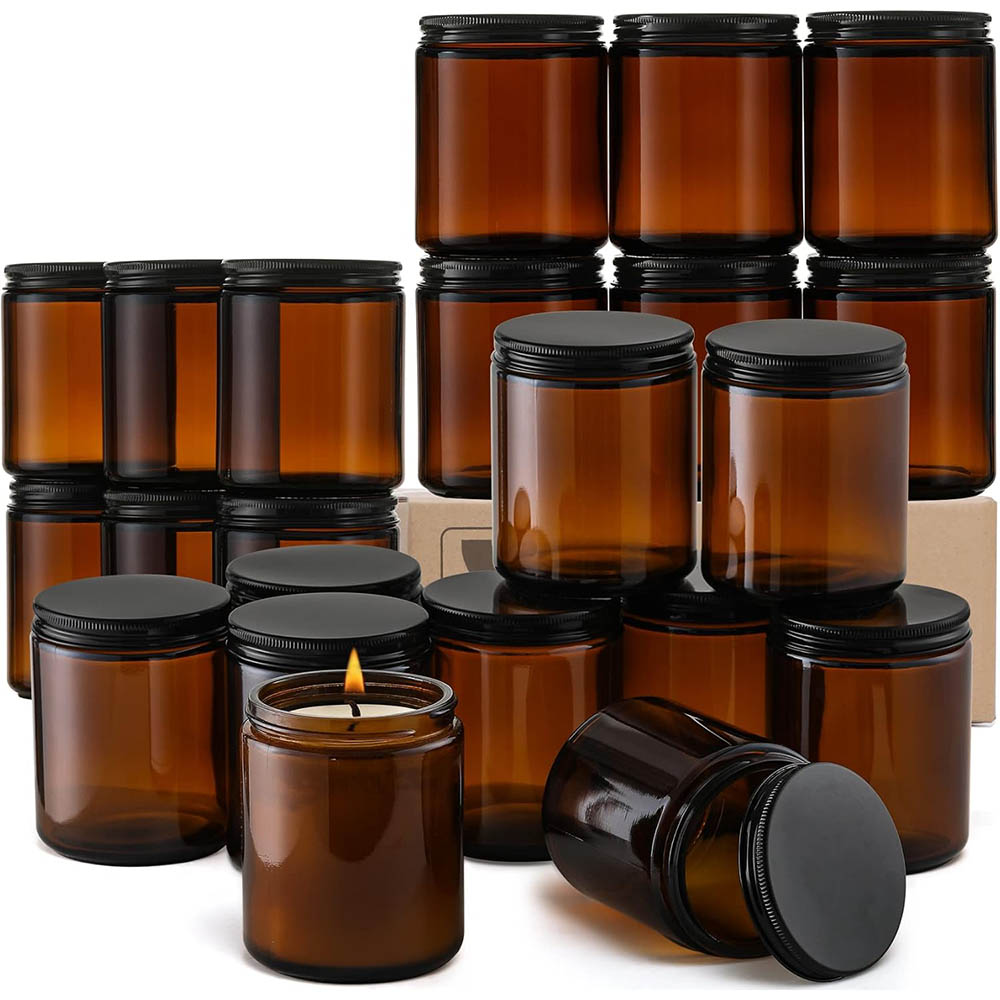 8オンスの琥珀色ガラス瓶（黒蓋付き）- キャンドル作り、食品 - Candle Making Glass Jars のレビューと価格