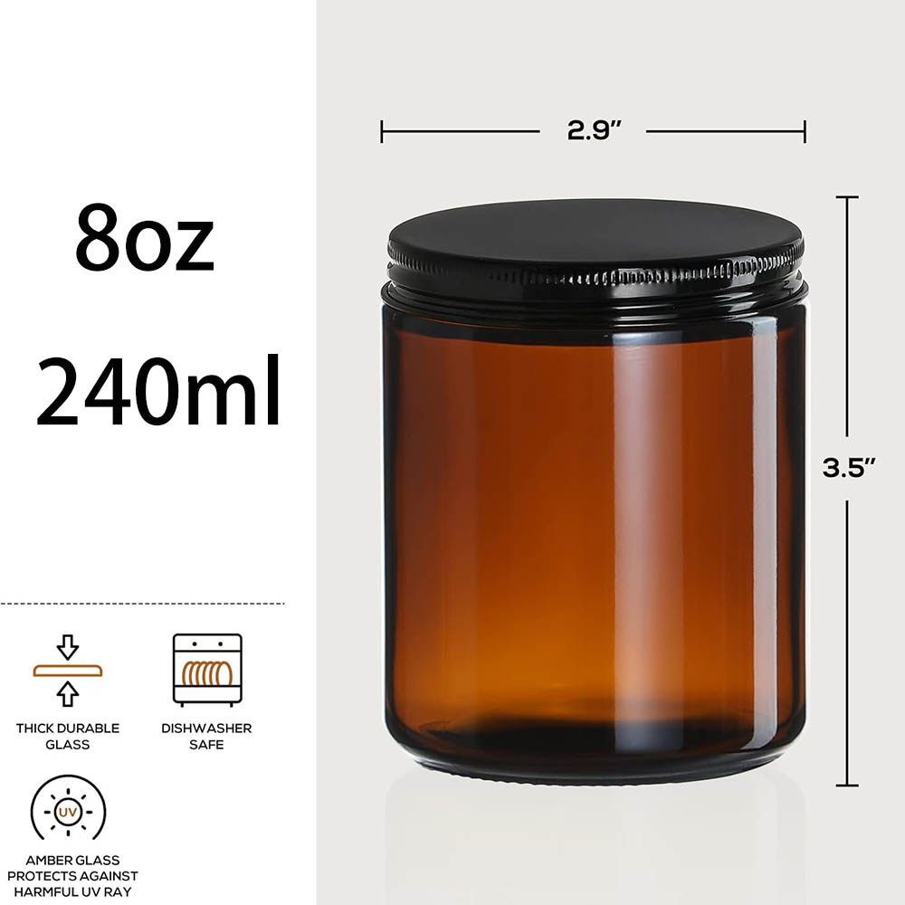 8オンスの琥珀色ガラス瓶（黒蓋付き）- キャンドル作り、食品 - Candle Making Glass Jars のレビューと価格