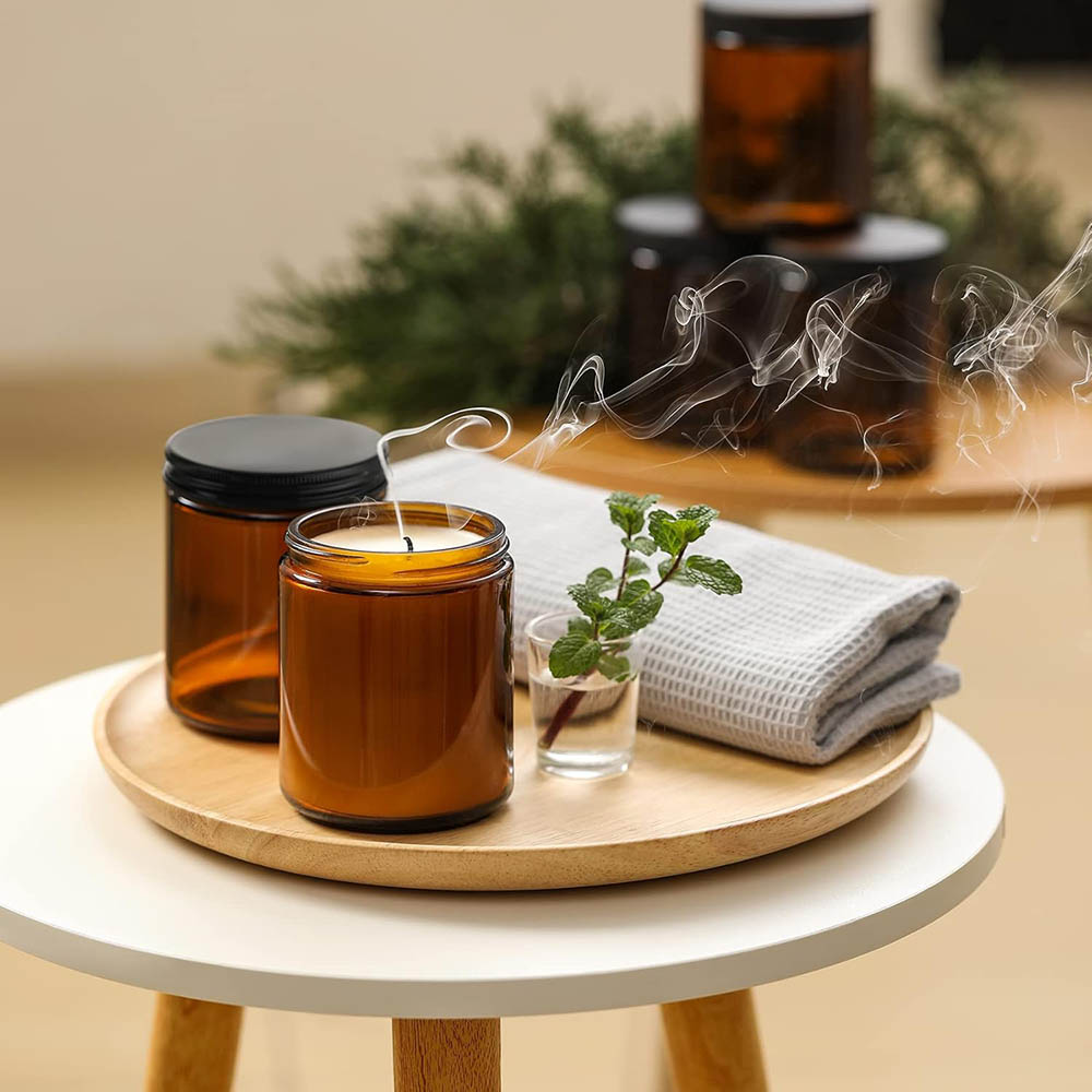 8オンスの琥珀色ガラス瓶（黒蓋付き）- キャンドル作り、食品 - Candle Making Glass Jars のレビューと価格