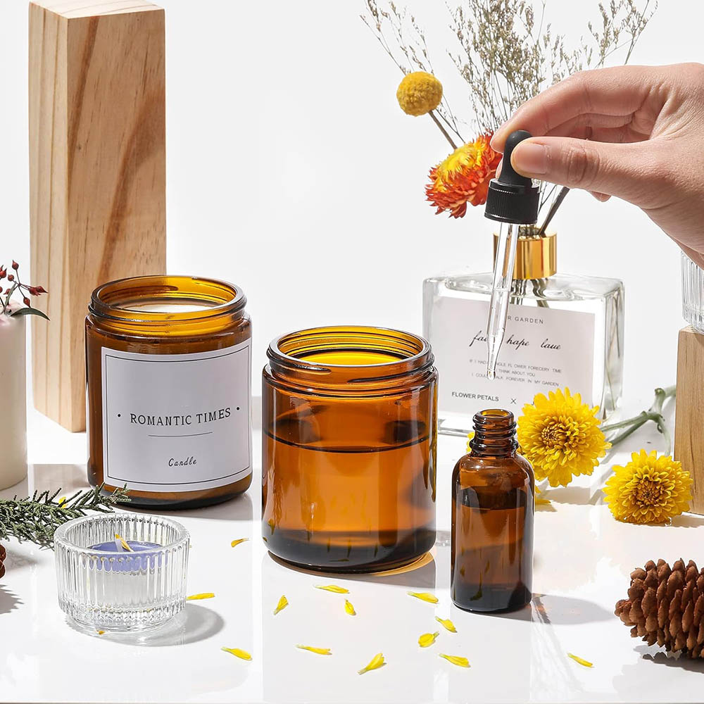 8オンスの琥珀色ガラス瓶（黒蓋付き）- キャンドル作り、食品 - Candle Making Glass Jars のレビューと価格